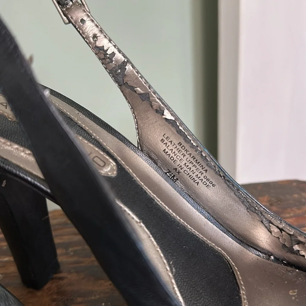 BANDOLINO Karmina Navy Slingback Heels - Peep Toe with Nickel & Crystal Rosette